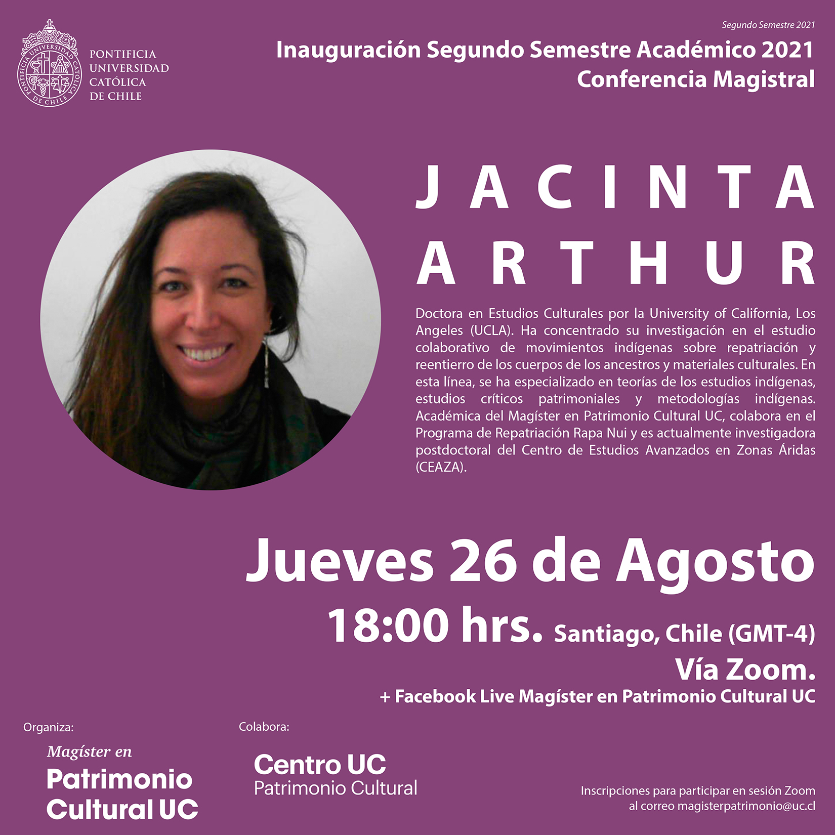 Afiche Charla Magistral Jacinta Arthur rrss 01 liv